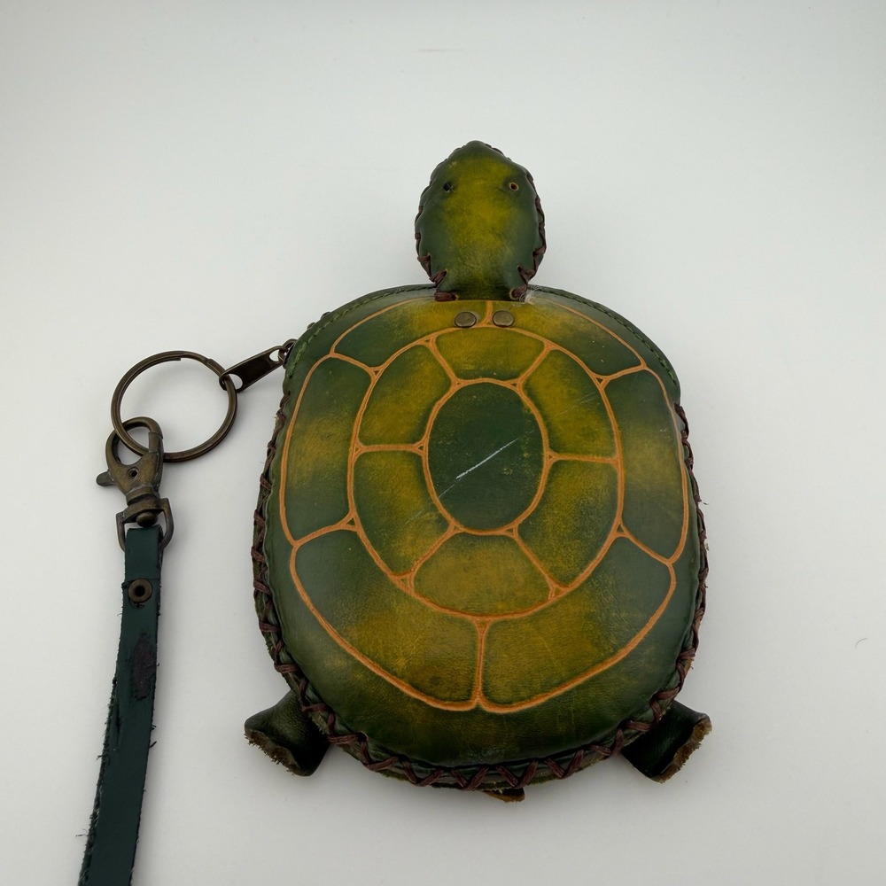 Handmade Leather Turtle Coin Purse Keychain Wristlet Green Yellow Folk Art Small